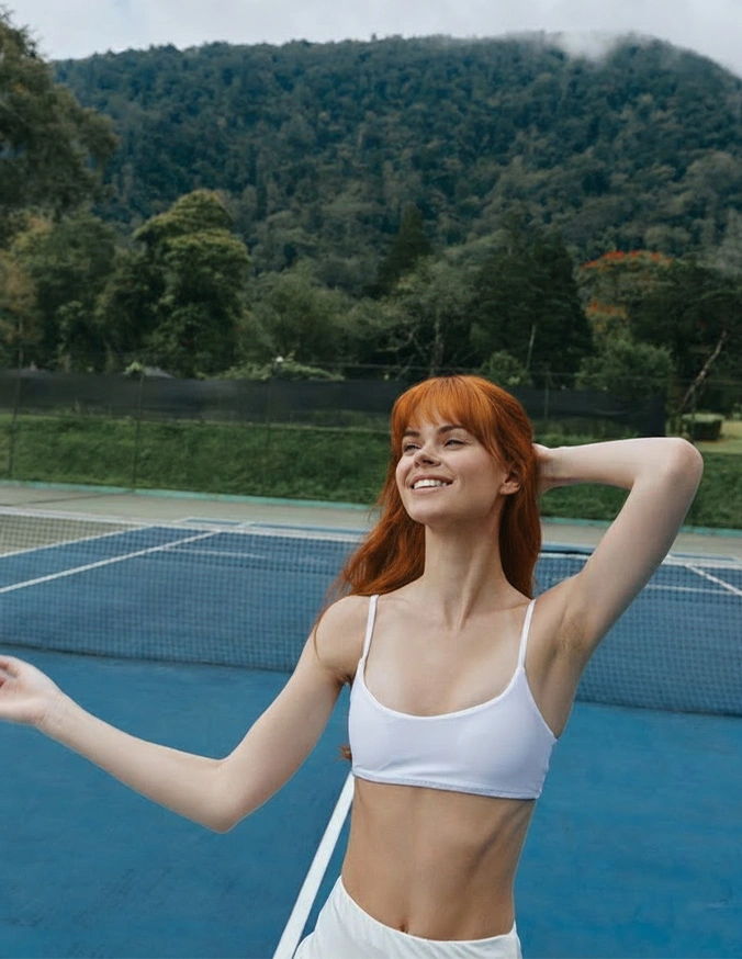 Woman in white swimwear relaxing by outdoor pool with mountains and trees in background - Abs and flanks in Brookfield and Appleton, WI.