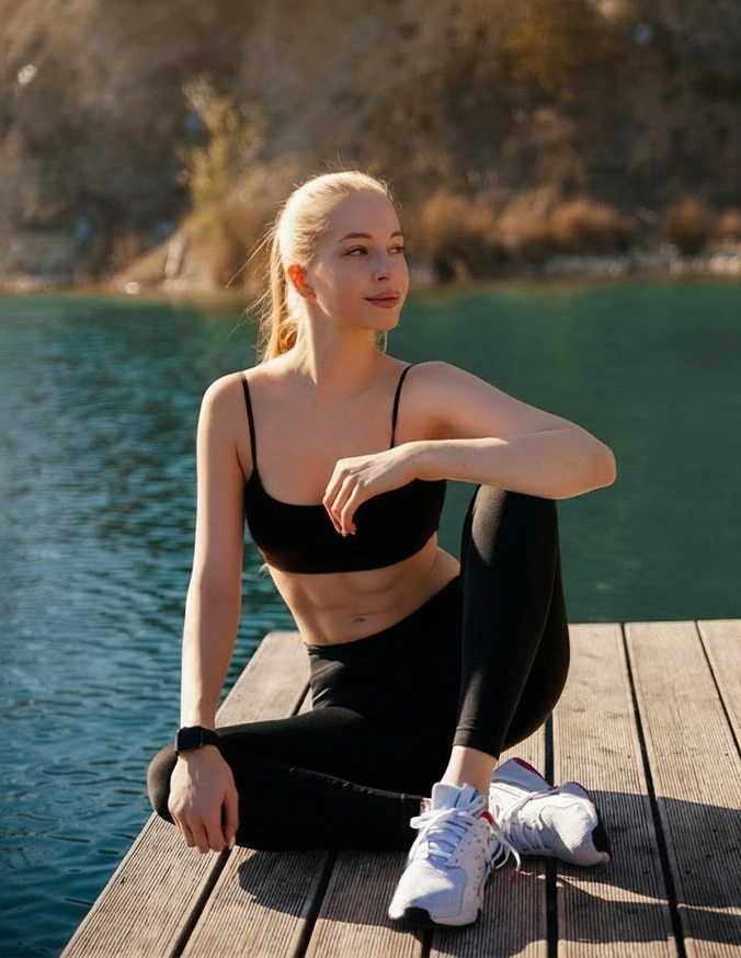 Woman in black athletic wear sitting on wooden dock by turquoise lake surrounded by autumn foliage - Abs belly in Brookfield and Appleton, WI.