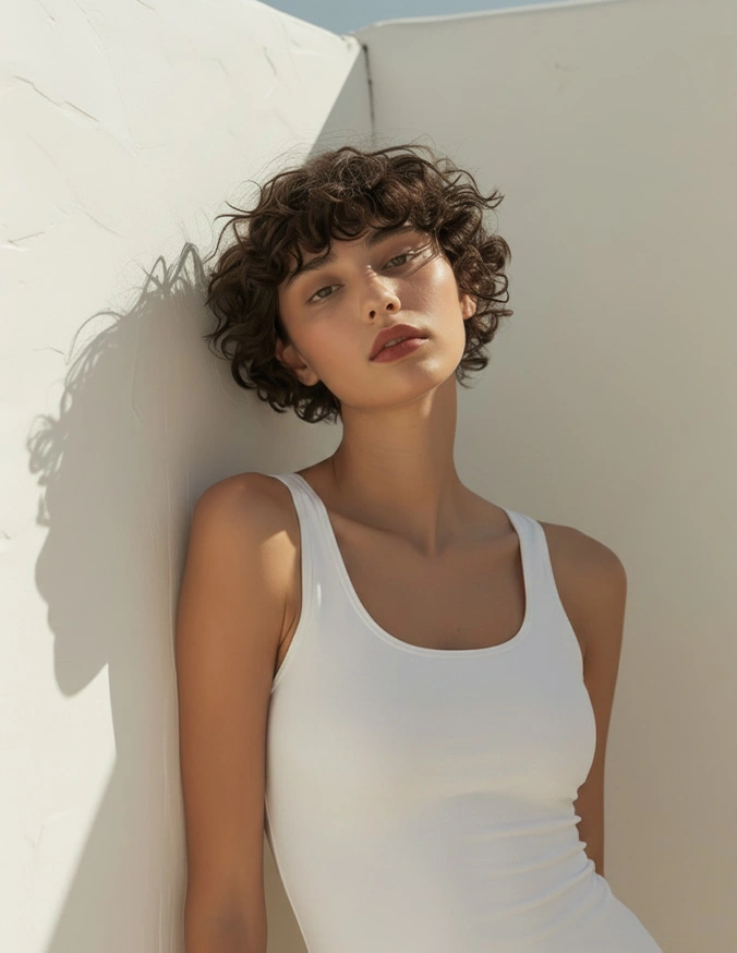 Woman with short curly hair in white tank top against minimal white wall with natural shadow lighting - Chin and neck in Brookfield and Appleton, WI.