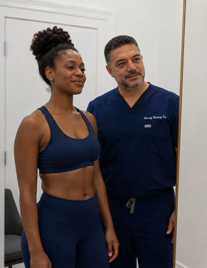 Woman in athletic wear standing with Dr. Hamdy Elhadary PA-C in medical scrubs at consultation - Consultation in Brookfield and Appleton, WI.