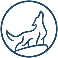 Wolf howling at moon line art logo in circular frame