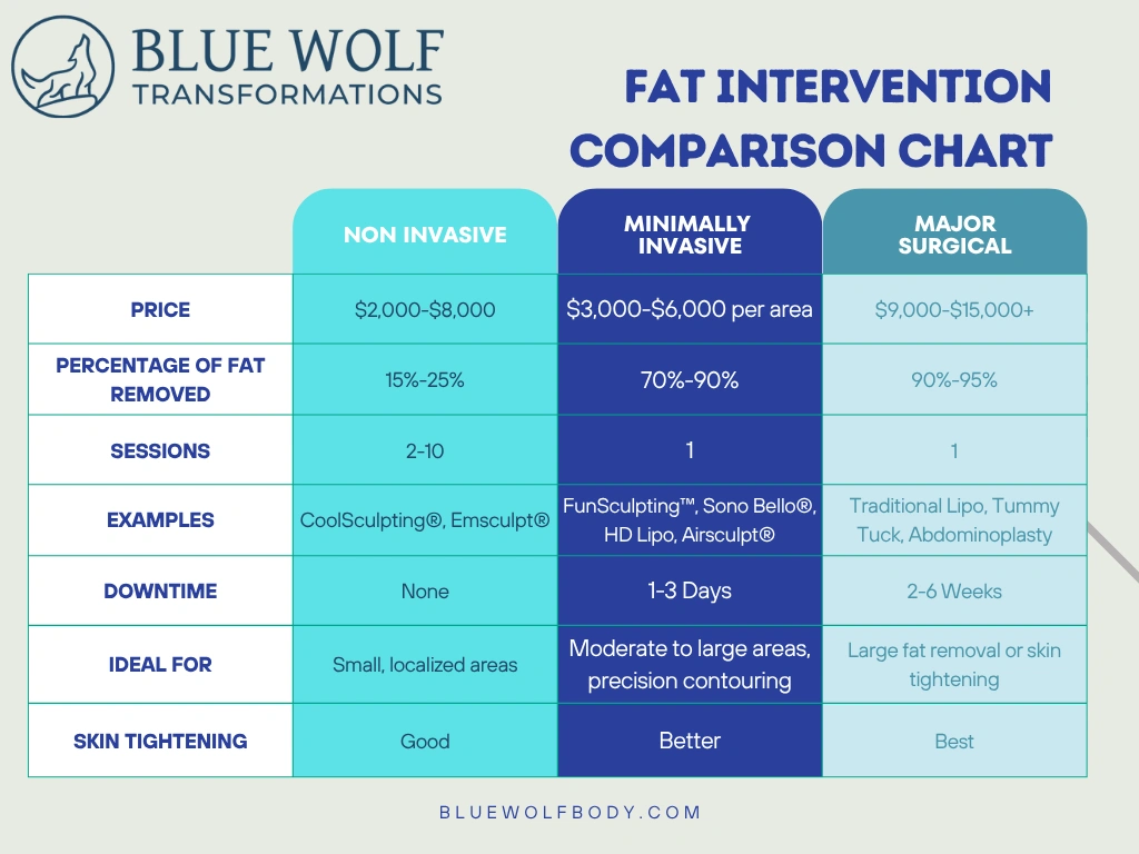 Blue Wolf Transformations fat intervention comparison chart showing three treatment types with effectiveness and duration ...