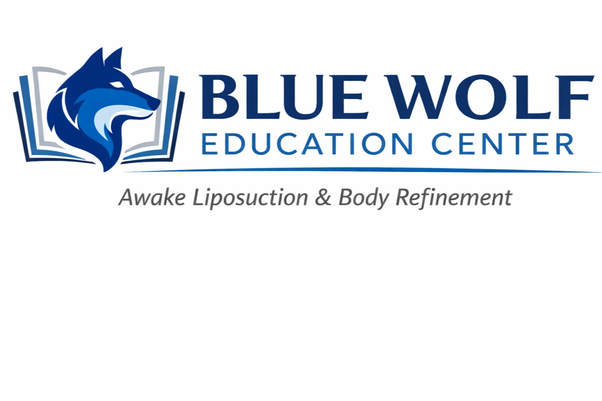 Blue Wolf Education Center logo featuring wolf head and open book design for liposuction training