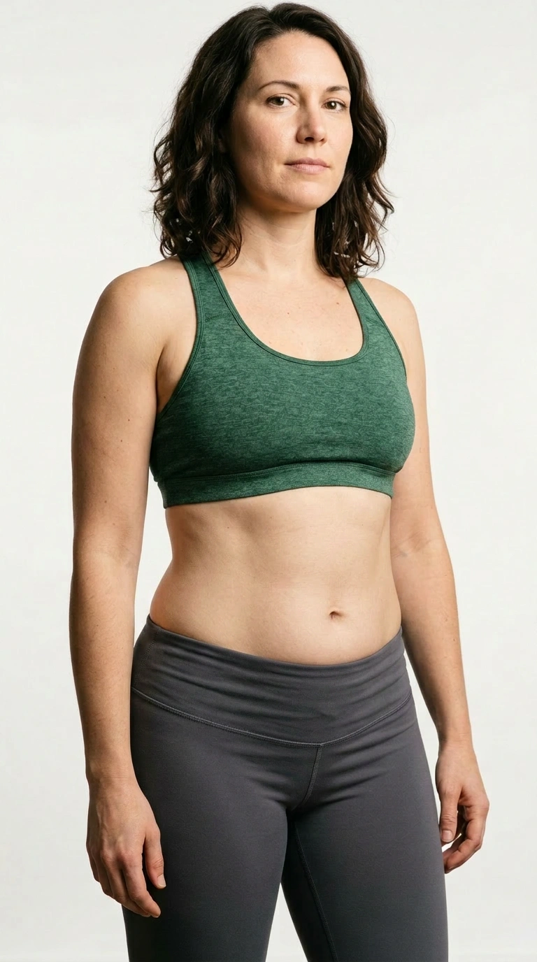 Woman wearing green sports bra and gray leggings standing in athletic pose on white background - In Appleton, Brookfield, Milwaukee, WI & Gurnee, IL