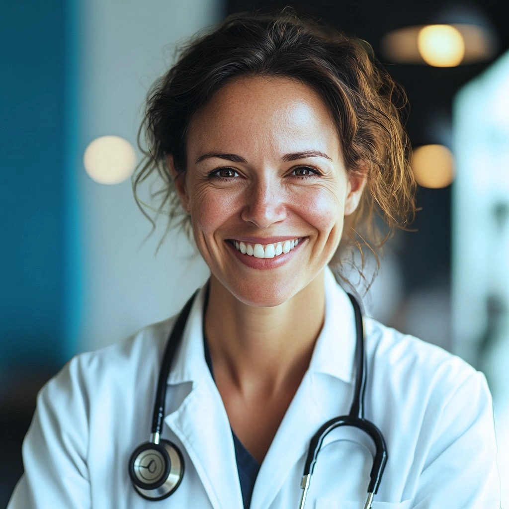 Female doctor smiling warmly with stethoscope in medical office setting with soft lighting